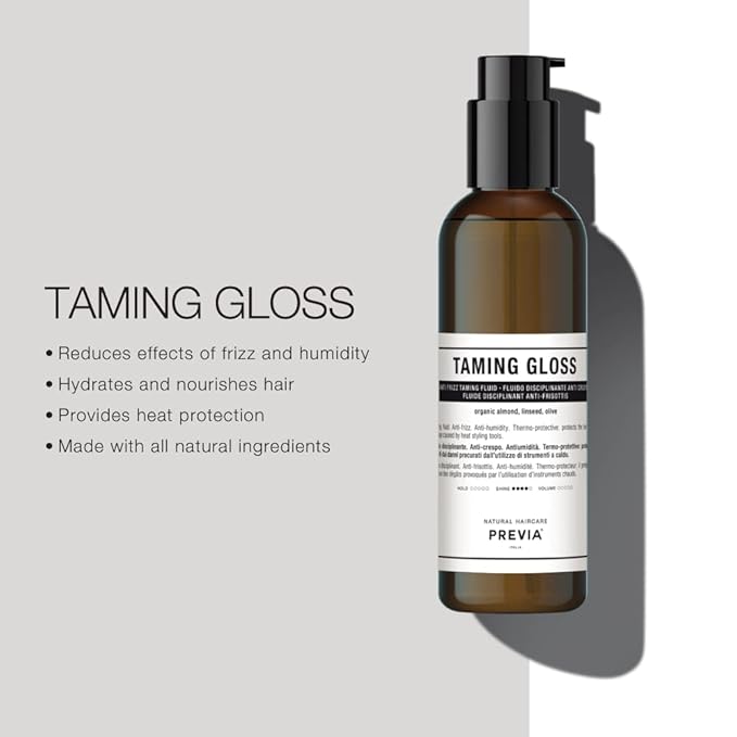 PREVIA Taming Gloss Anti-Frizz Hair Serum - Thermal Protection with Organic Almond Vegan - Moisturizing Formula for Smooth Shiny Hair β Heat Protectant Glossifying Serum for Frizzy Hair - 6.7 oz