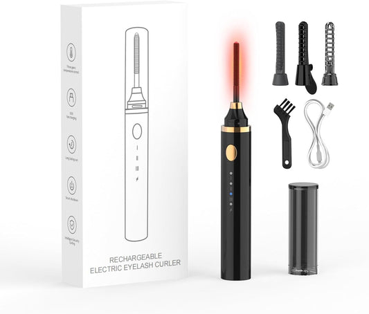 Smiling Shark Heated Eyelash Curler, 2025 New 360°Wand-Style Heated Lash Brush Rechargeable with 3 Brush Heads & 3 Temp 【Lengthen/Define/Curler】 3-in-1 Lash Curler for All Types of Lashes, Black