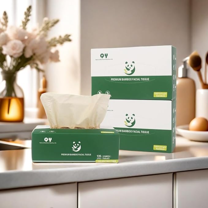 Unbleached Bamboo Facial Tissues - 12 Boxes of 100% Natural, Hypoallergenic, 134 Sheets per Box, FSC Certified, Eco - Friendly, Ultra - Soft & Gentle for Everyday Home and Office Use