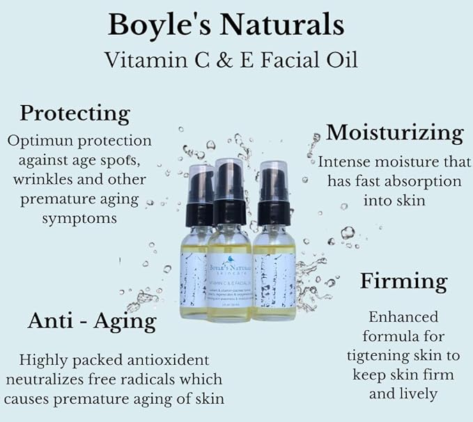Boyle's Naturals Vitamin C & E Facial Oil Moisturizer for Women - Organic Essential Oil with Rosehip for Dry, Sensitive, Oily, Mature Skin - Skin Care for Wrinkles, Pigmentation, Dark Spot - 1 Oz