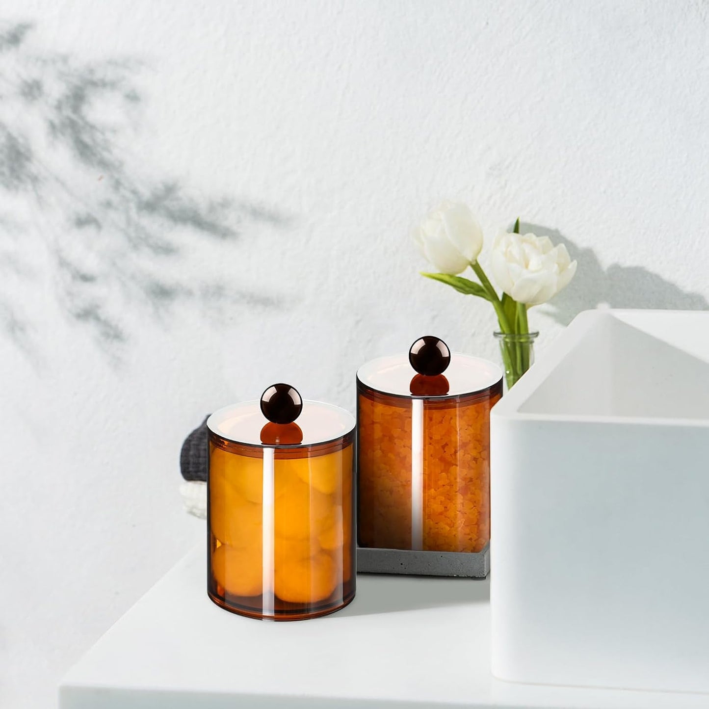 4 Pack Qtip Holder,Canister Apothecary Jar Set, Bathroom Jars with Lids Set for Cotton Swabs, Balls, Pads, Floss Picks,10oz-12oz Plastic Canisters Restroom Bedroom Vanity Organizer(Brown)