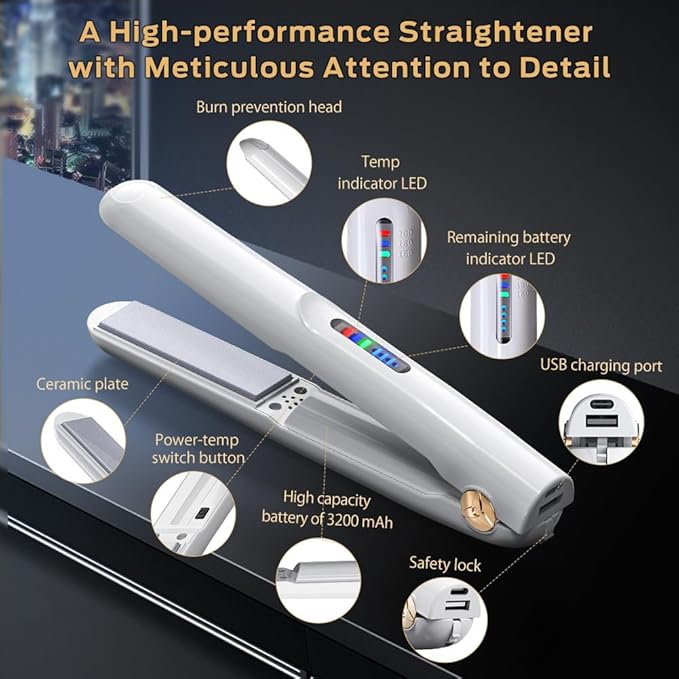 Cordless Hair Straightener and Curler 2 in 1 Ceramic Flat Iron Mini Cordless Portable Travel Hot Tools Straight Curl for Women Men USB Rechargeable with Pouch (White)
