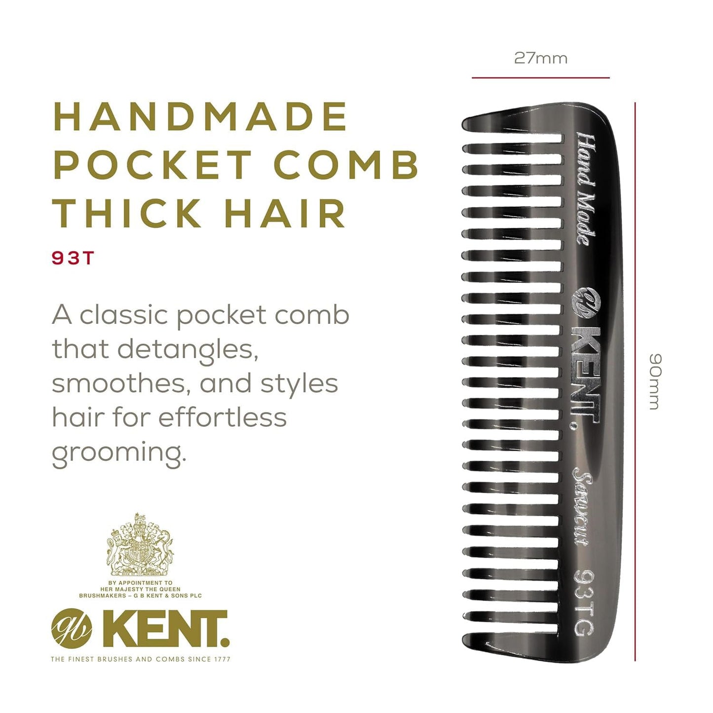 Kent 93T Black Graphite Wide Tooth Men's Comb, for Mustache and Beard ideal for Facial Hair, Small Pocket Sized Travel Detangler Comb, Saw-Cut Hand polished Made in England