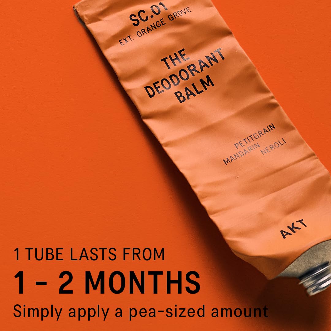 Akt, THE DEODORANT BALM. Award winning, multi-use, natural deodorant. Plastic Free. Gender Free. Aluminium Free. 100% effective — 1 tube lasts up to 3 months. SC.01 ORANGE GROVE. 50ml/1.76 FL.OZ