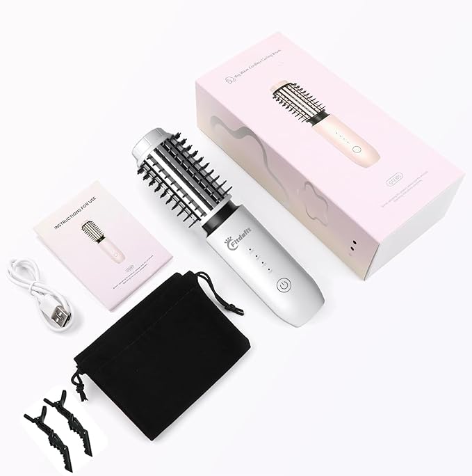 Cordless Hair Curling Iron Brush, 1.5" Mini Cordless Hair Curler, 3-in-1 Travel Curling Brush Hair Straightener Comb Rechargeable, Long Battery Portable Ionic Heated Tool, White