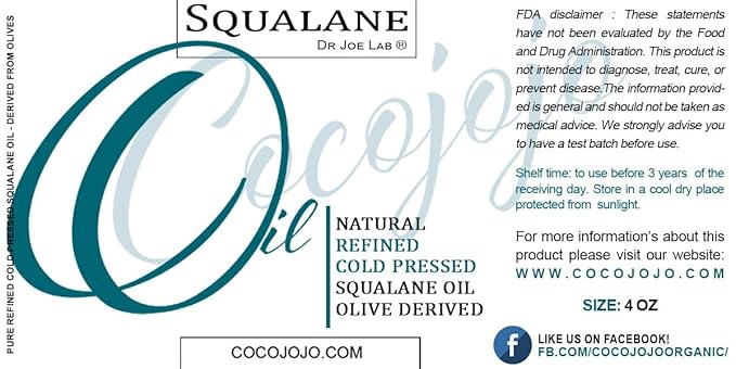 Dr Joe Lab Squalane Oil Pure Plant Derived Refined Cold Pressed From Olives Vegan Undiluted Carrier Oil for Face Skin Hair Body Cosmetics Natural Cleanser Moisturizer (4 oz Glass & Dropper)
