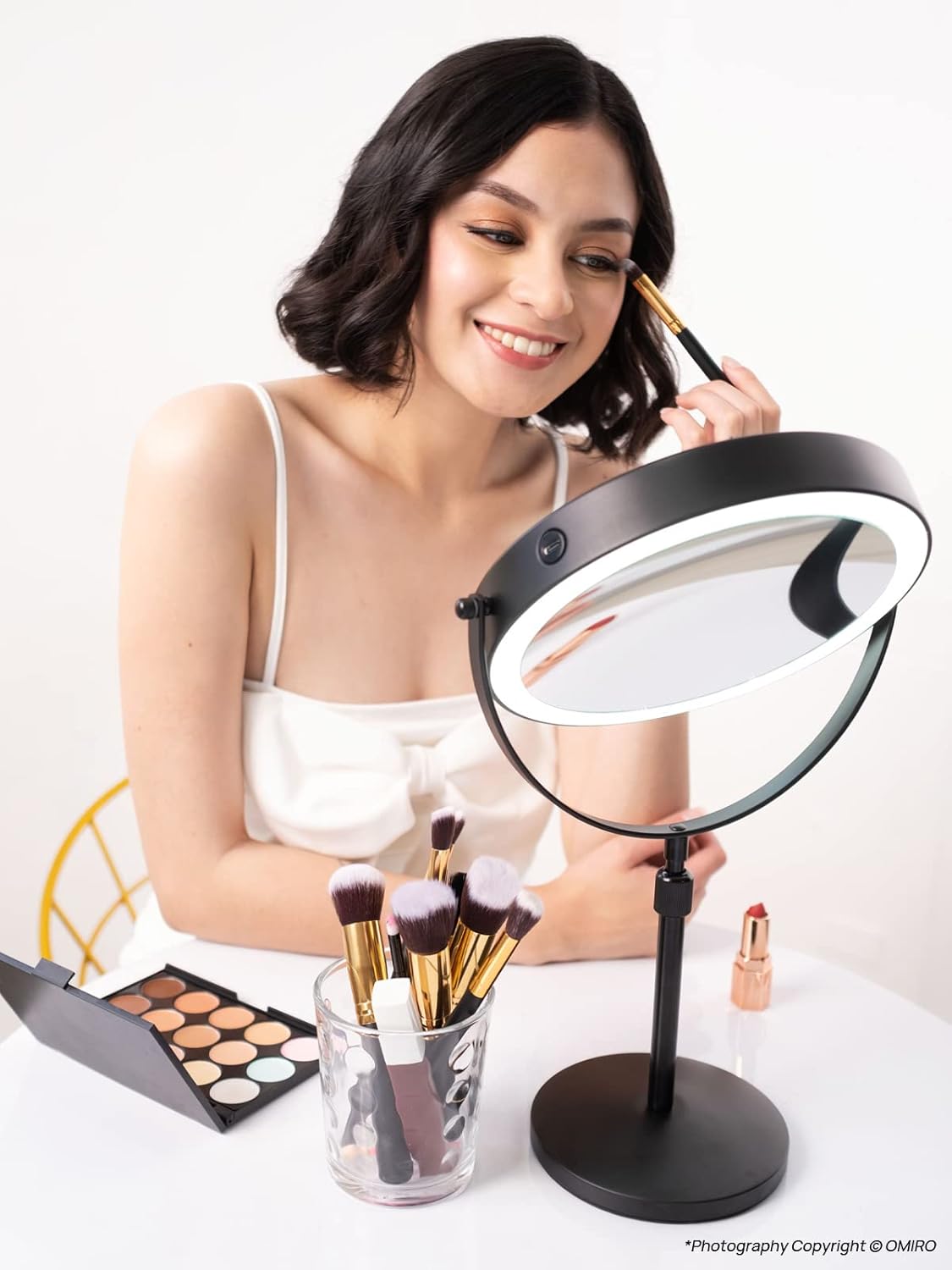 OMIRO 3X/10X Magnifying Makeup Mirror with Lights, 8.5 Inches Double Sided Swivel-Free Vanity Mirror with Height-Adjustable Stand. (Black)