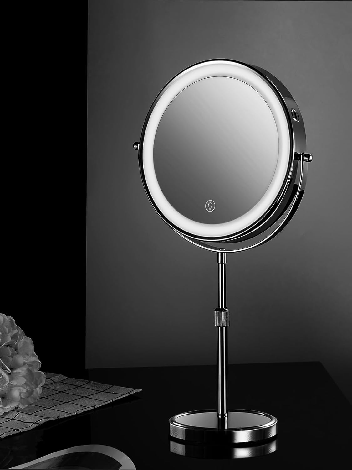 OMIRO 1X/10X Makeup Mirror with Lights,8.5 Inches Double Sided Vanity Mirror with Height-Adjustable Stand,Magnifying Mirror with 3 Color Light(Silver)