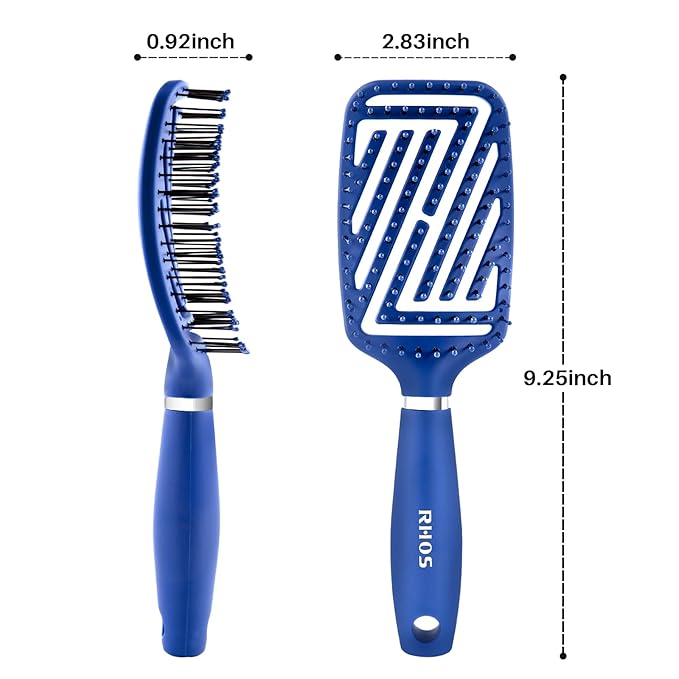RHOS Curved Vented Detangling Hair Brush for Men, Faster Blow Drying/Styling,Paddle Vent Detangler Brush for Short,Thin,Bangs,Wet&Dry Hair(Blue)