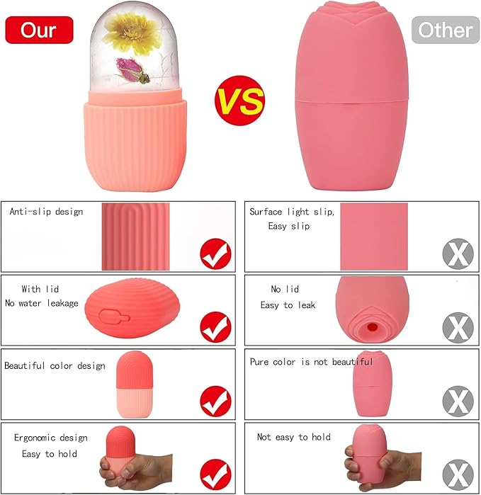 Ice Cube Facial Massager with Reusable Silicone Mold, Naturally De-Puff Eyes and Reduce Migraines, Made with Food Grade Silicone, BPA Free, BPS, Latex Free and Other Chemical (Rose Pink Two Tone)