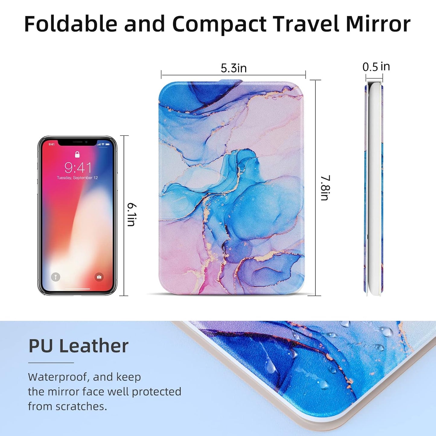 Rechargeable Travel Lighted Makeup Mirror with PU Leather Cover, Portable Travel Makeup Mirror with Lights, 3 Color Lighting,Touch Sensor Dimmable, Light Up Tabletop Folding Cosmetic Mirror Colorful