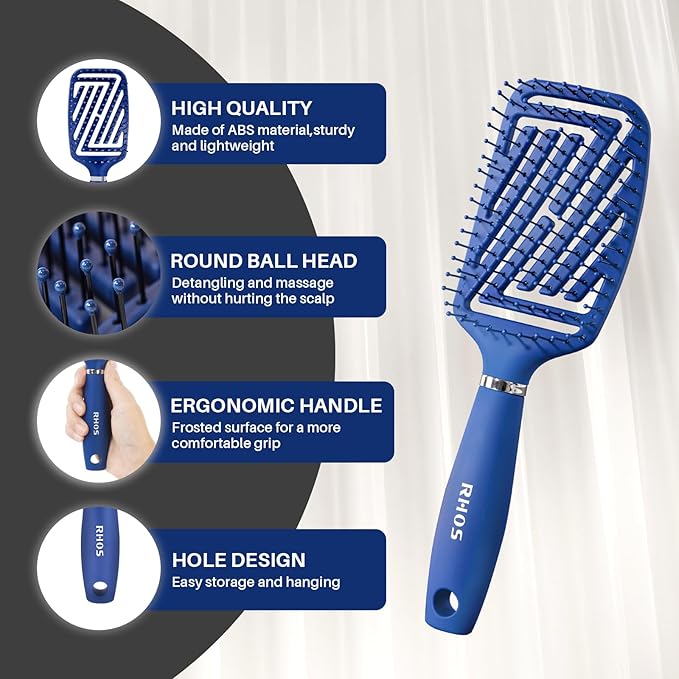 RHOS Curved Vented Detangling Hair Brush for Men, Faster Blow Drying/Styling,Paddle Vent Detangler Brush for Short,Thin,Bangs,Wet&Dry Hair(Blue)