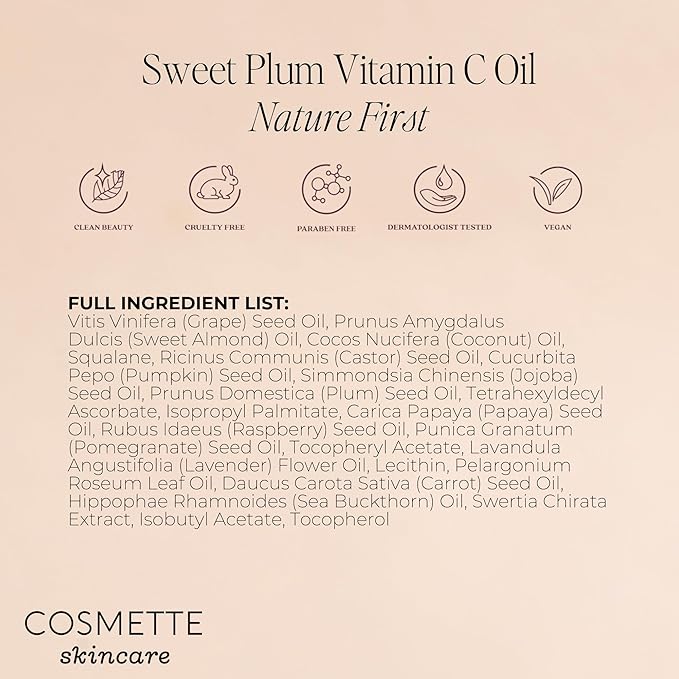 Sweet Plum Vitamin C & 4% Squalane Face Serum | Skin Brightening Dark Spot Corrector, Anti-Aging & Hydrating Oil - Evens Tone, Enhances Glow & Moisturizes | 1 Fl Oz