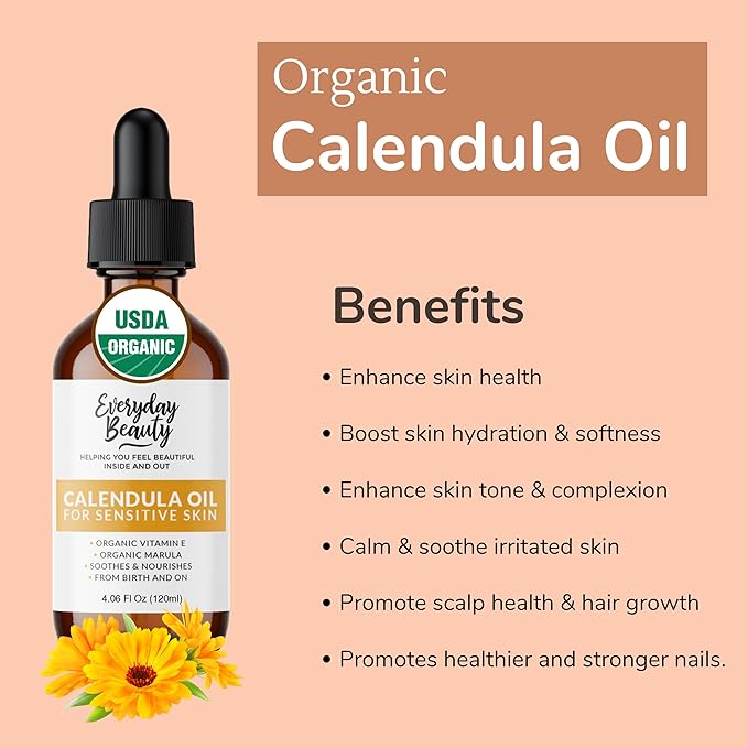 Organic Calendula Oil For Sensitive Skin - USDA Certified 100% Plant Based, Lightweight & Unscented Gentle Soothing Oil For Sensitive Skin - For Face, All Over - Large 4.06 Fl Oz Glass & Dropper