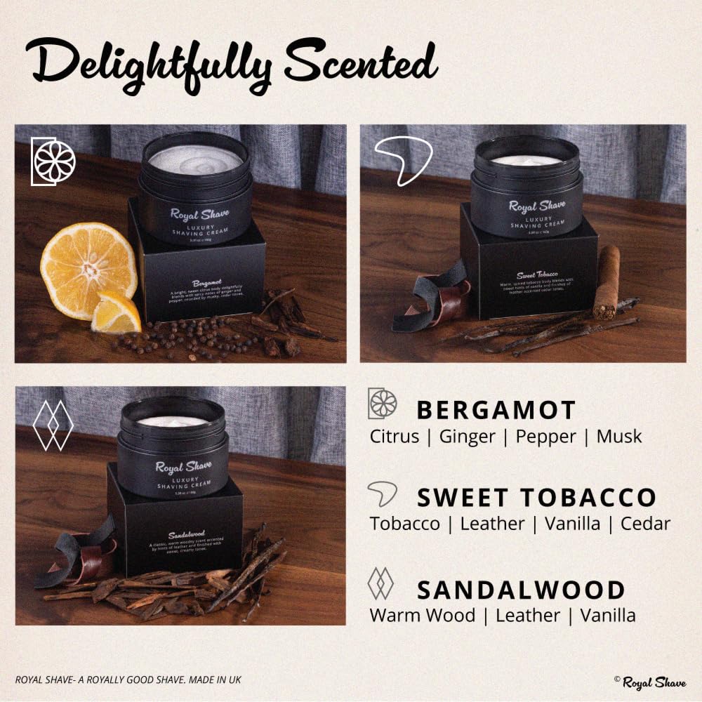 Luxury Shaving Cream for Men by Royal Shave, Rich, Soothing, Moisturizing, Hydrating & Nourishing Cream for Smooth, Close Shave (Made in UK) Sweet Tobacco