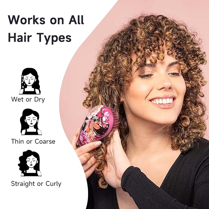 Hand Grip Brush, Gentle Detangling, Detangler Hair Brush for All Hair Types. For use on Wet or Dry Hair (Fuchsia Pink Floral)