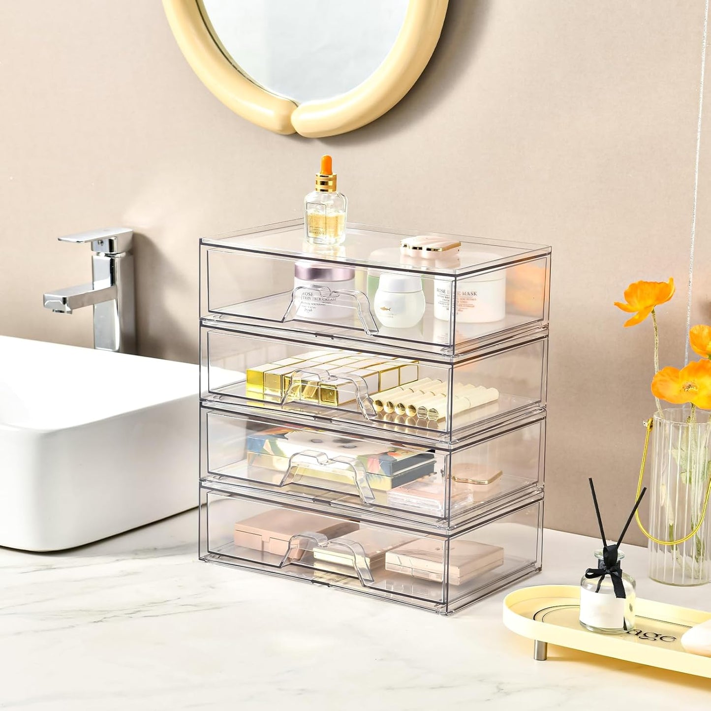 5 Pack Makeup Organizer Stackable, 12.1''L Bathroom Organizer and Storage Acrylic Undersink Drawer Organizer, Cosmetics and Beauty Supplies,Clear Plastic Storage Bins for Vanity,Pantry,Cabinet,Kitchen