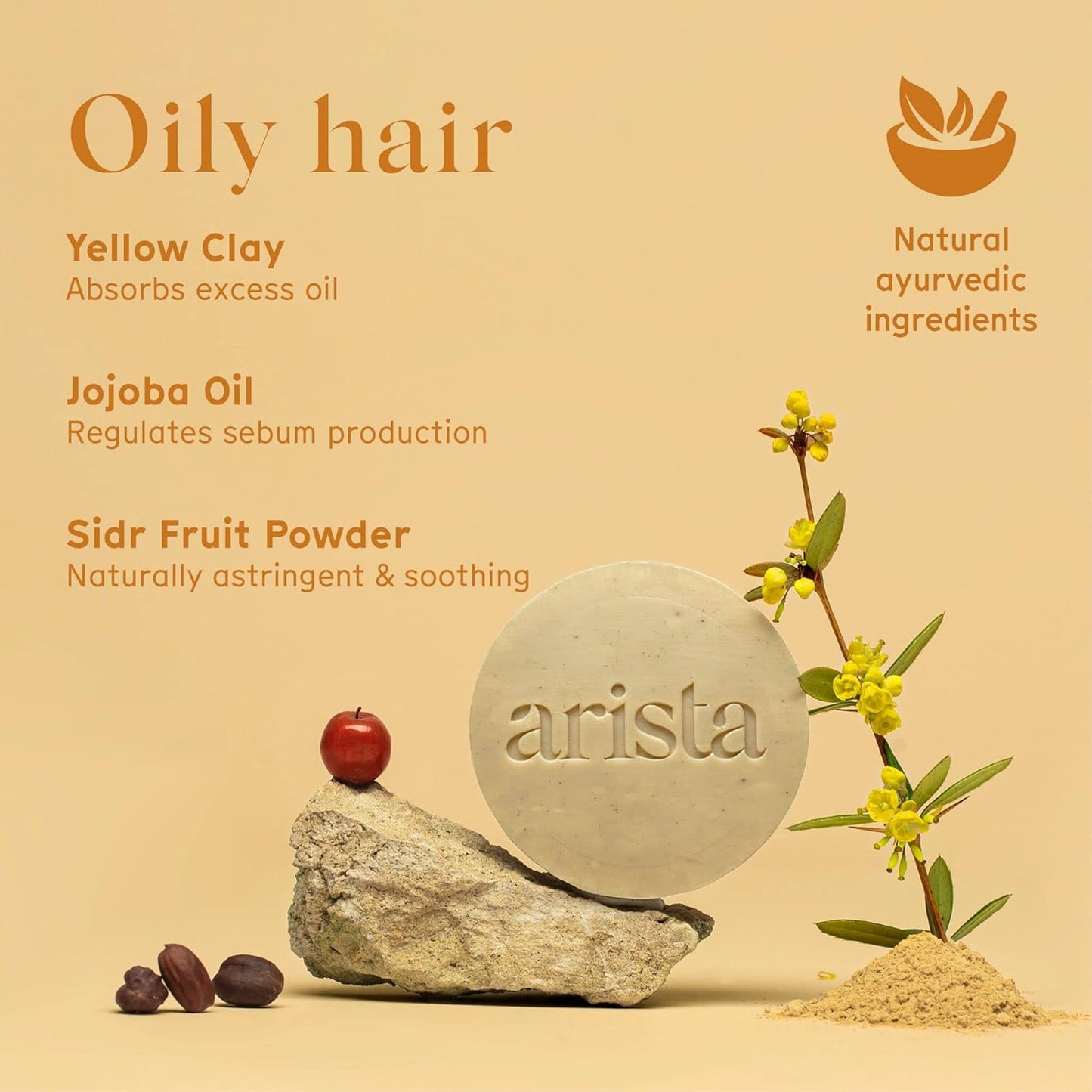 Arista Shampoo Bar with Yellow Clay, Sidr Fruit Powder & Jojoba - For Oily Hair | Sulfate-Free, Vegan & Paraben-Free Travel Shampoo