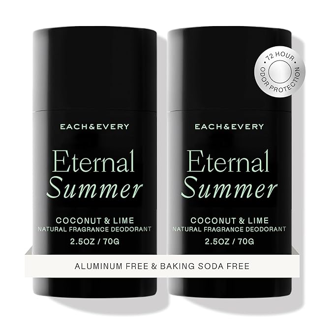 Each & Every Aluminum Free Deodorant for Men & Women, Coconut & Lime - All Natural Deodorant for Sensitive Skin, EWG Verified - Clean, Baking Soda-Free, Plant-Based Fragrance - 2.5oz, 2 Pack