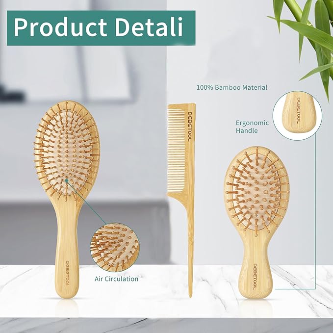 Bamboo Hair Brush Set - Natural Bamboo Paddle Detangling Hairbrush and Comb Set, Suit for Thick/Thin -Gift for Women Men and Kids