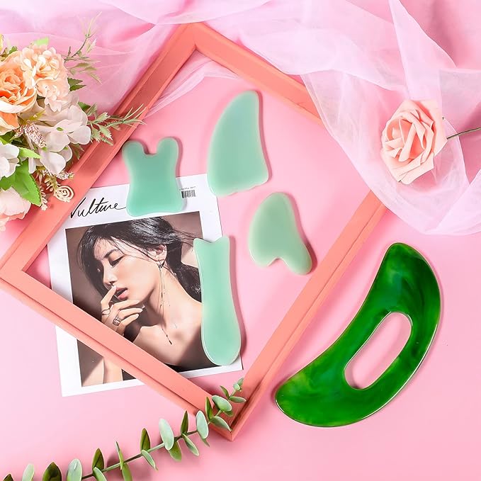 Treela 5 Pcs Gua Sha Facial Tools Set and 1 Pcs Body Gua Sha Massage Tool with Handle for Face Back Neck Leg Body Scraping Massage Board Guasha Comb(Jade, Resin,Green)