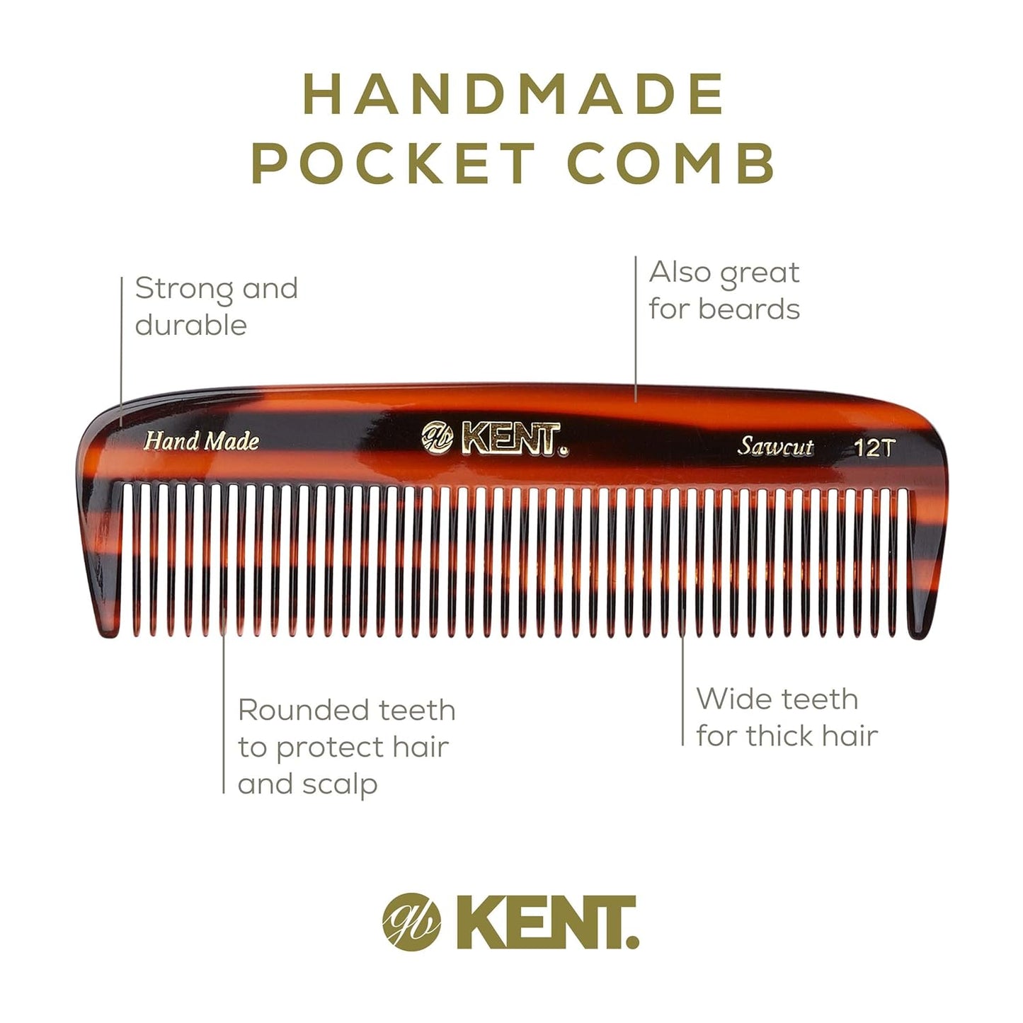 Kent 12T Wide Tooth Detangling Comb - 5.5" Handmade Pocket Comb for Thick, Curly, and Wavy Hair, Large Tooth Grooming for Hair, Beard, and Mustache - Saw-Cut and Hand Polished