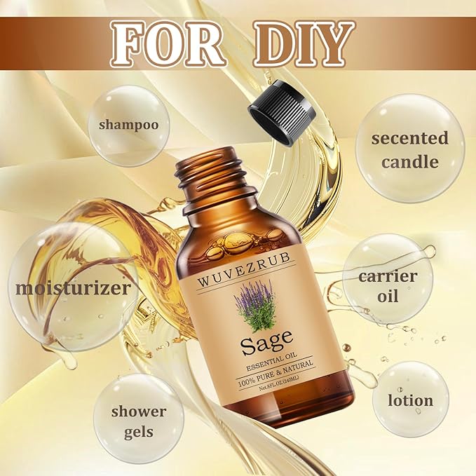 Sage Essential Oils 240ML, Pure Sage Essential Oil for Aromatherapy Diffuser - 8 Fl Oz