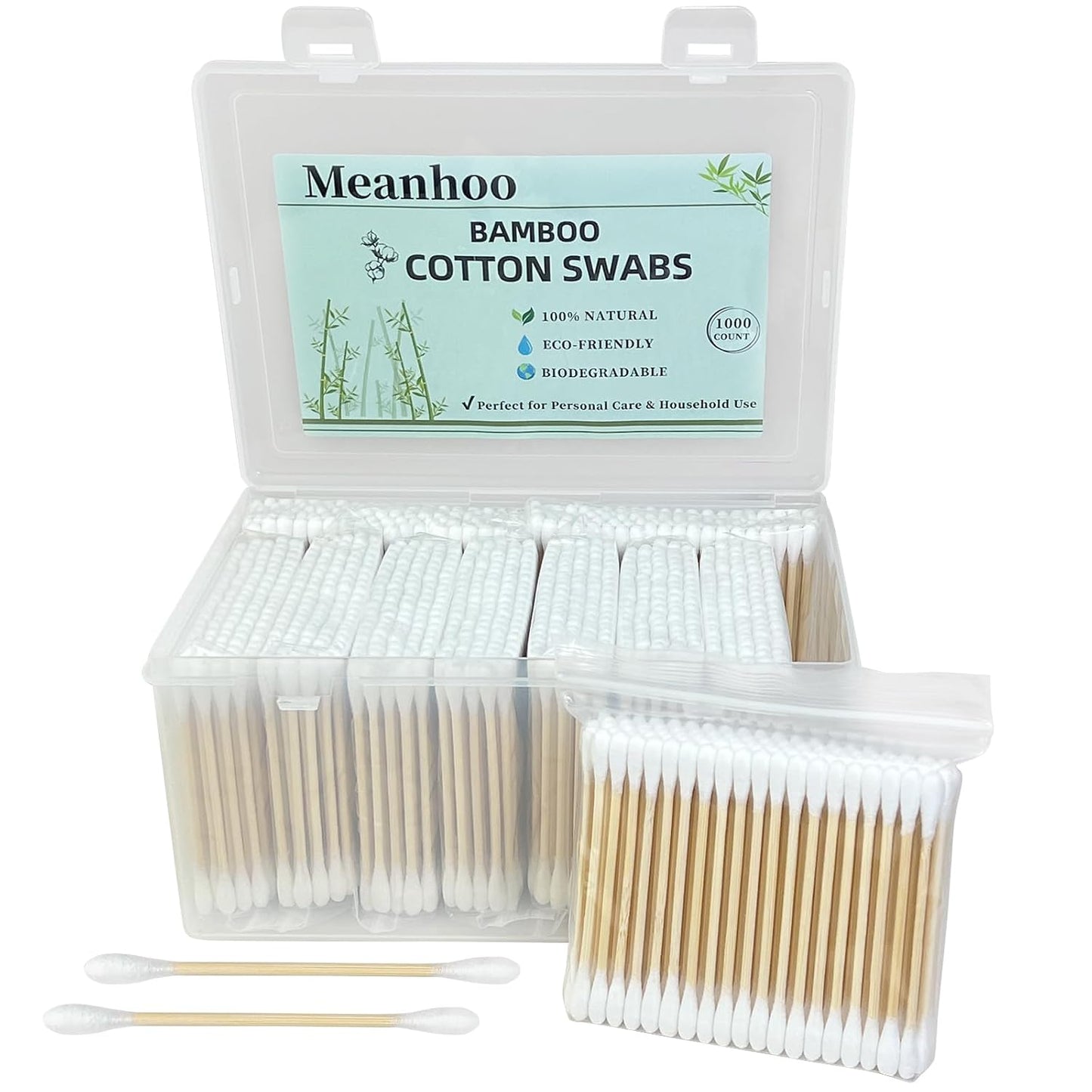 Bamboo Cotton Swabs 1000 Count in Storage Box, Double-Tipped Organic Cotton Buds with Durable Bamboo Sticks, for Makeup, Ear Care, Cleaning, Crafts