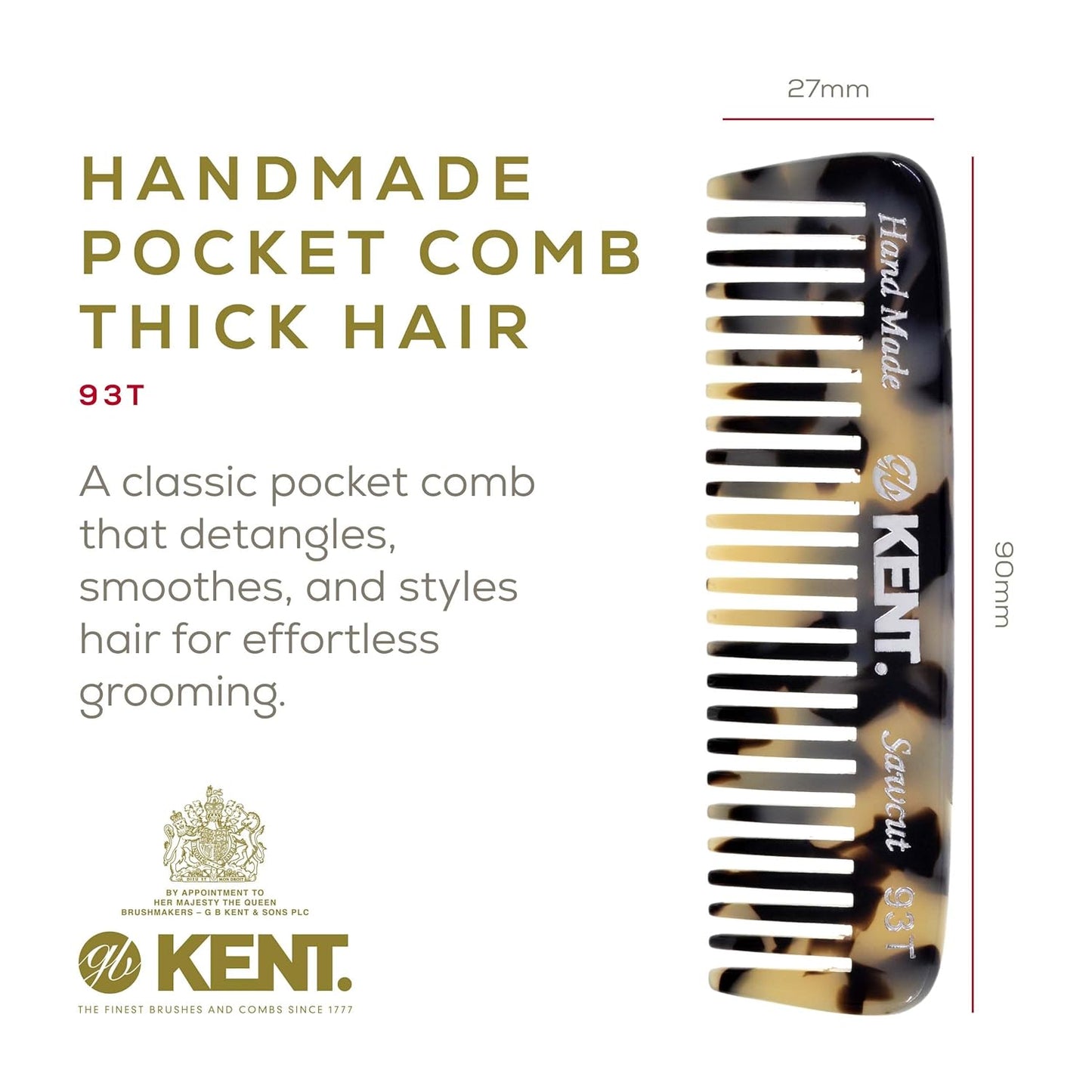 Kent 93T Tokyo White Beard Comb for Men - Wide Tooth Men's Comb, Ideal For Mustaches and Beards and Facial Hair, Small Pocket Sized Travel Detangler Combs, Saw-Cut, Hand Polished, Made in England