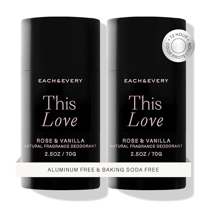Each & Every Aluminum Free Deodorant for Women & Men, Rose & Vanilla - All Natural Deodorant for Sensitive Skin, EWG Verified - Clean, Baking Soda-Free, Plant-Based Fragrance - 2.5oz, 2 Pack