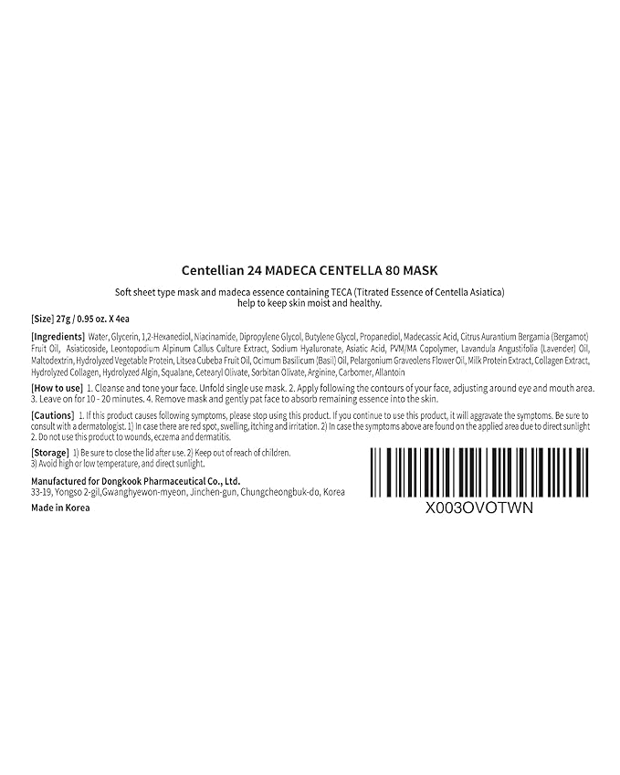 CENTELLIAN 24 Madeca Mask (Extra Moisturizing, 4pc) - Face Sheet Mask, Ultra Hydrating & Soothing for Dry, Sensitive Skin. Korean Skin Care by Dongkook. Centella Asiatica, TECA, EGF