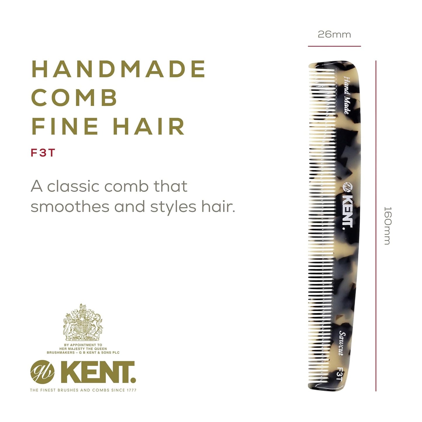 Kent F3T TW Fine Tooth Comb - Hair Parting and Straightening Comb for Men's & Women's Dandruff Remover, Saw Cut and Hand Polished Made in England