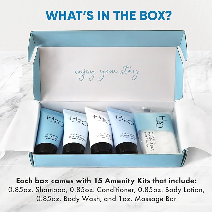 H2O Therapy Amenity Kit | Hotel Bulk Toiletries | 0.85 oz Shampoo, Conditioner, Lotion, Body Wash, Body Bar Soap for Guest Hospitality Vacation Rentals | 15 Sets/Case