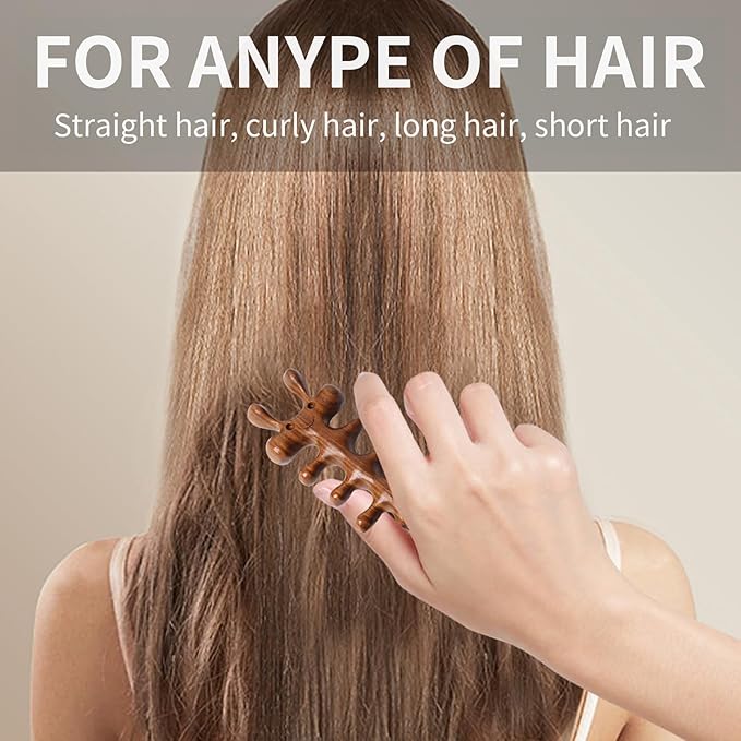 Frestyle Natural Wood Wide Tooth Hair Comb Head Scalp Massage No Static Green Sandalwood Hair Pick Wooden Comb for Women Men Kids Hair Neck Hands Legs Caring Tool (Cute Insect), Brown