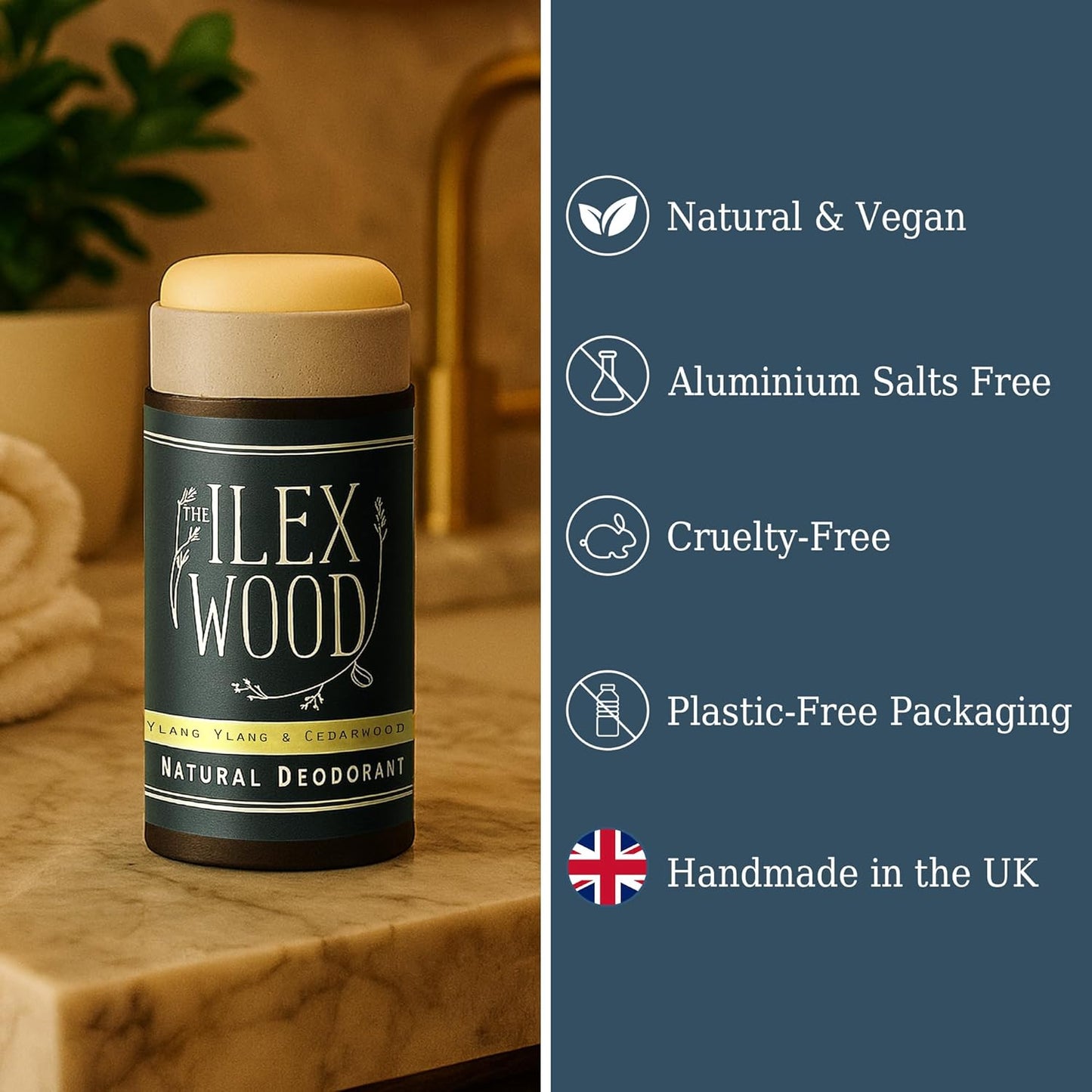 The Ilex Wood - Ylang Ylang & Cedarwood Natural Deodorant - 2.4 fl oz. Natural Deo in Recyclable Cardboard Tube, Vegan, no Plastic, no Alcohol, no Toxins, no Aluminium Salt & Cruelty Free for Women & Men