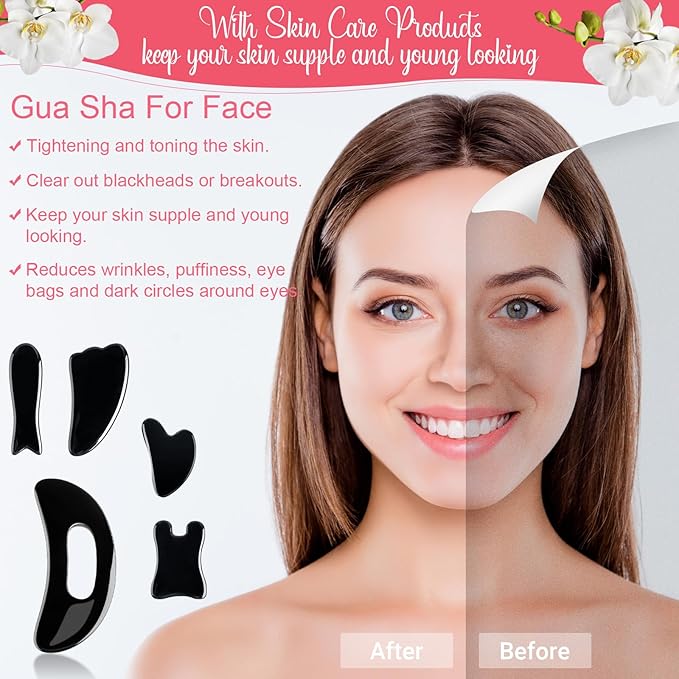 Treela 5 Pcs Gua Sha Facial Tools Set and 1 Pcs Body Gua Sha Massage Tool with Handle for Face Back Neck Leg Body Scraping Massage Board Guasha Comb(Jade, Resin,Black)
