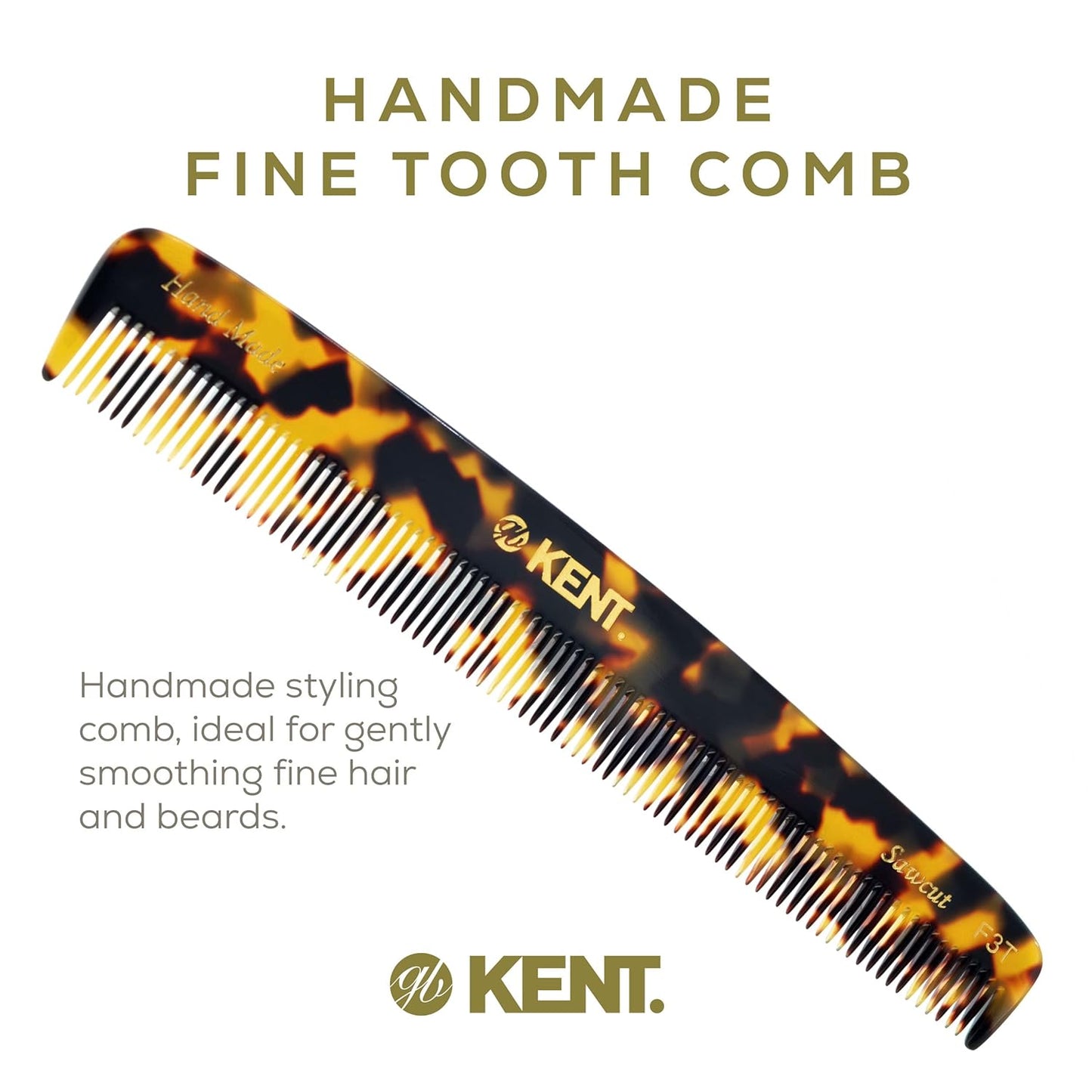 Kent F3T TY Fine Tooth Comb for Hair Parting, Handmade Combs for Men and Straightening Comb for Women, Dandruff Remover Kent Mens Combs for Fine Hair