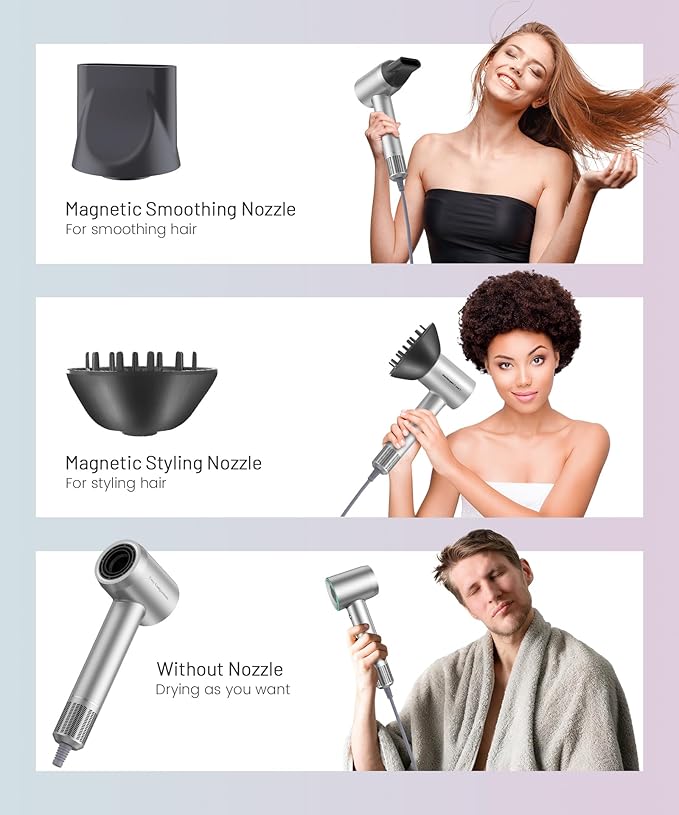 Hair Dryer - 150000 RPM High-Speed Brushless Motor Negative Ionic Blow Dryer for Fast Drying, Low Noise Thermo-Control Hair Dryer with Diffuser and Nozzle, Silvery