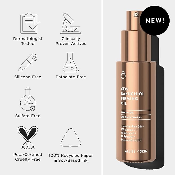 Allies of Skin CE15 Bakuchiol Firming Oil: Firming Facial Oil with 10% Vitamin C, 5% Vitamin E, 1% Bakuchiol Retinol, 3% Renovage™. 30 ml/ 1 oz