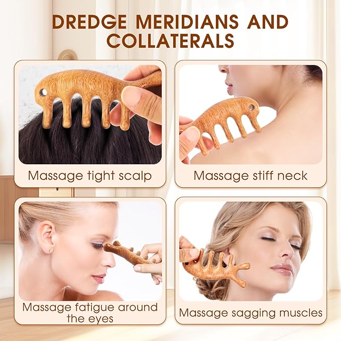 Scalp Massage Hair Comb - Green Sandalwood Wide Tooth Massager for Body Relief - Natural Wooden Comb for Women and Men