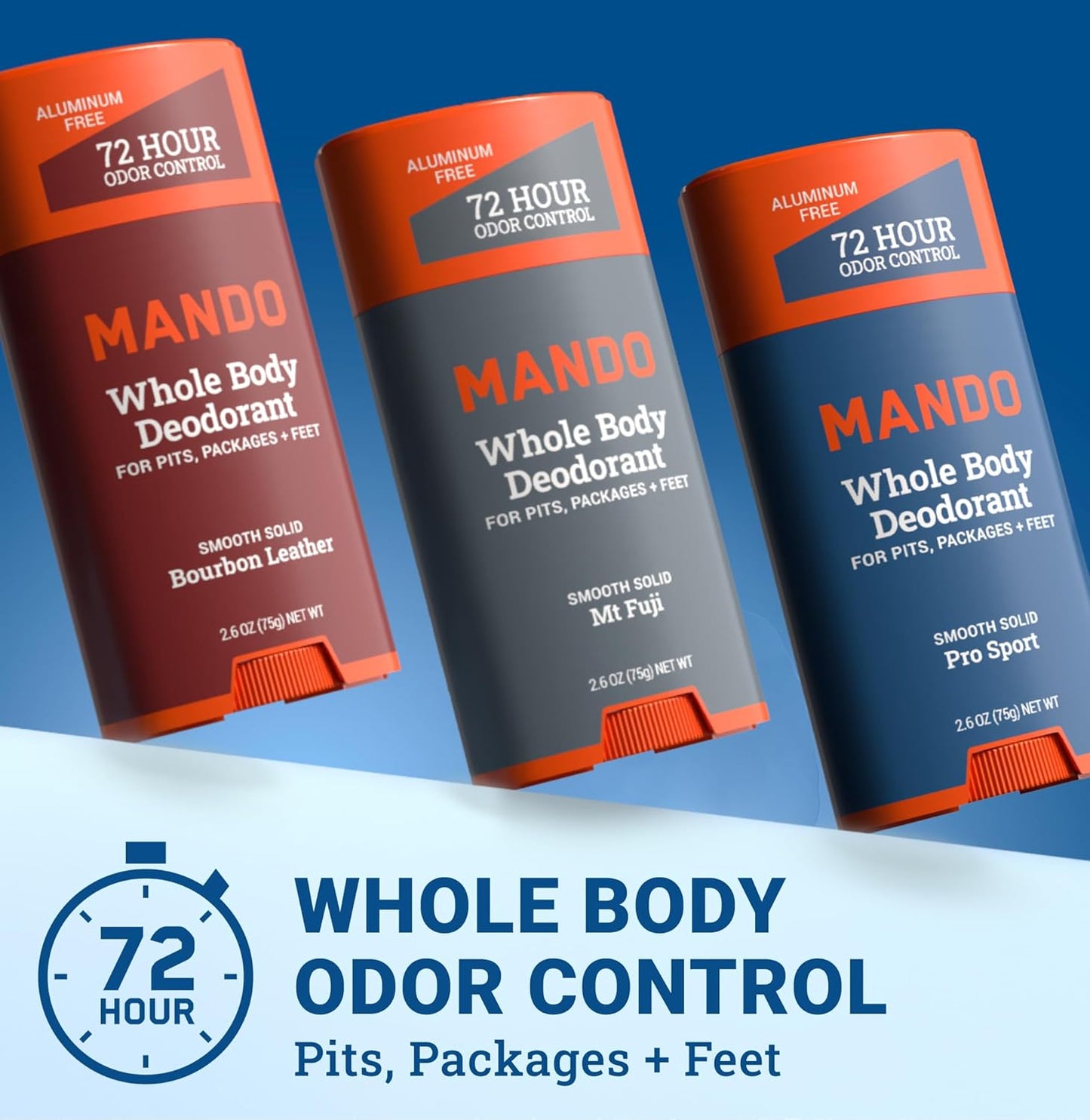 Mando Whole Body Deodorant For Men - Smooth Solid Stick - 72 Hour Odor Control - Aluminum Free, Baking Soda Free, Skin Safe - 2.6 ounce (Pack of 3)