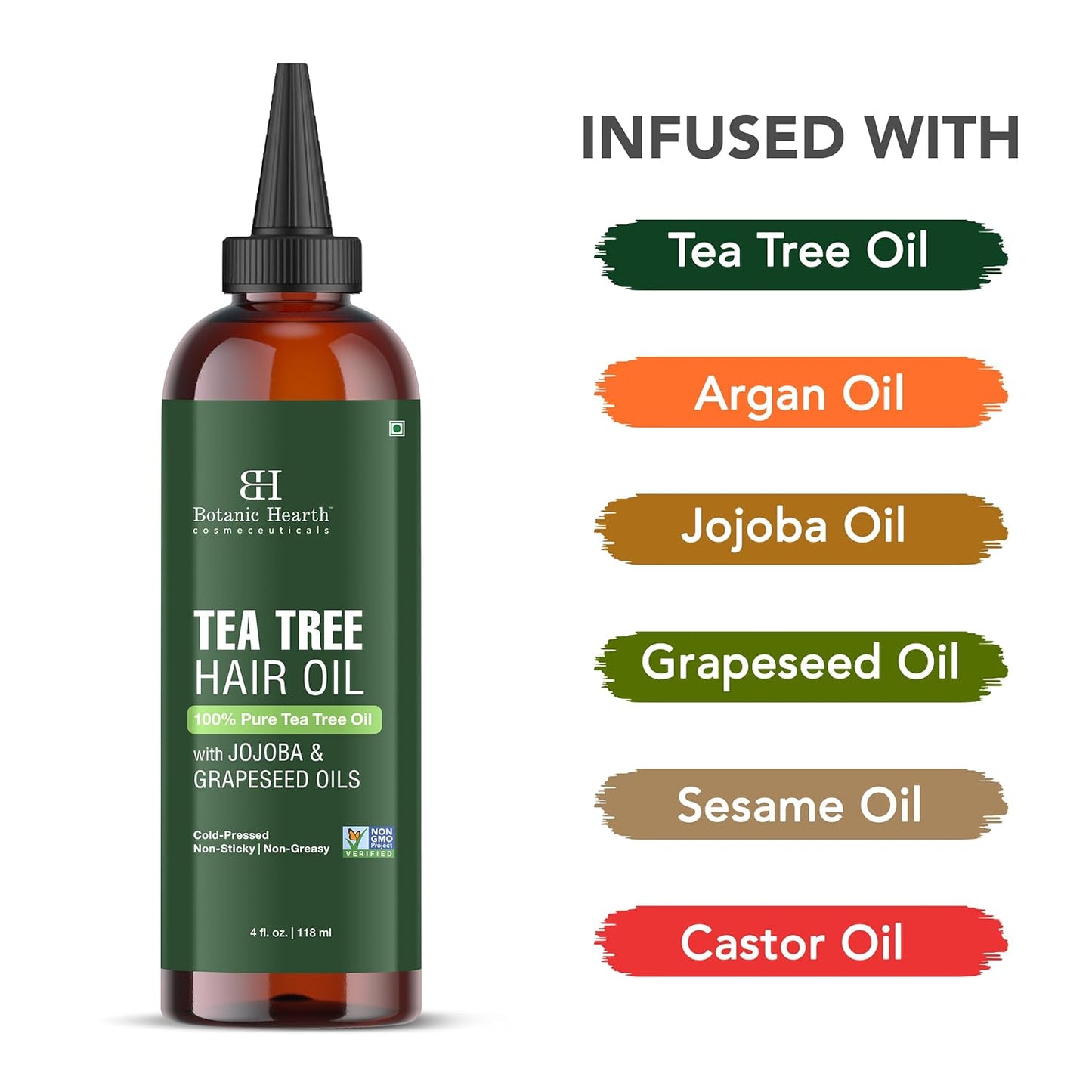 Botanic Hearth 100% Pure Tea Tree Oil (4 Fl Oz) | With Jojoba & Grapeseed Oils | Soothes Itchy Scalp & Fights Dandruff | Hair Oil Repairs Dry Damaged Hair, Strengthening, Healthier Hair- Hair Tonic