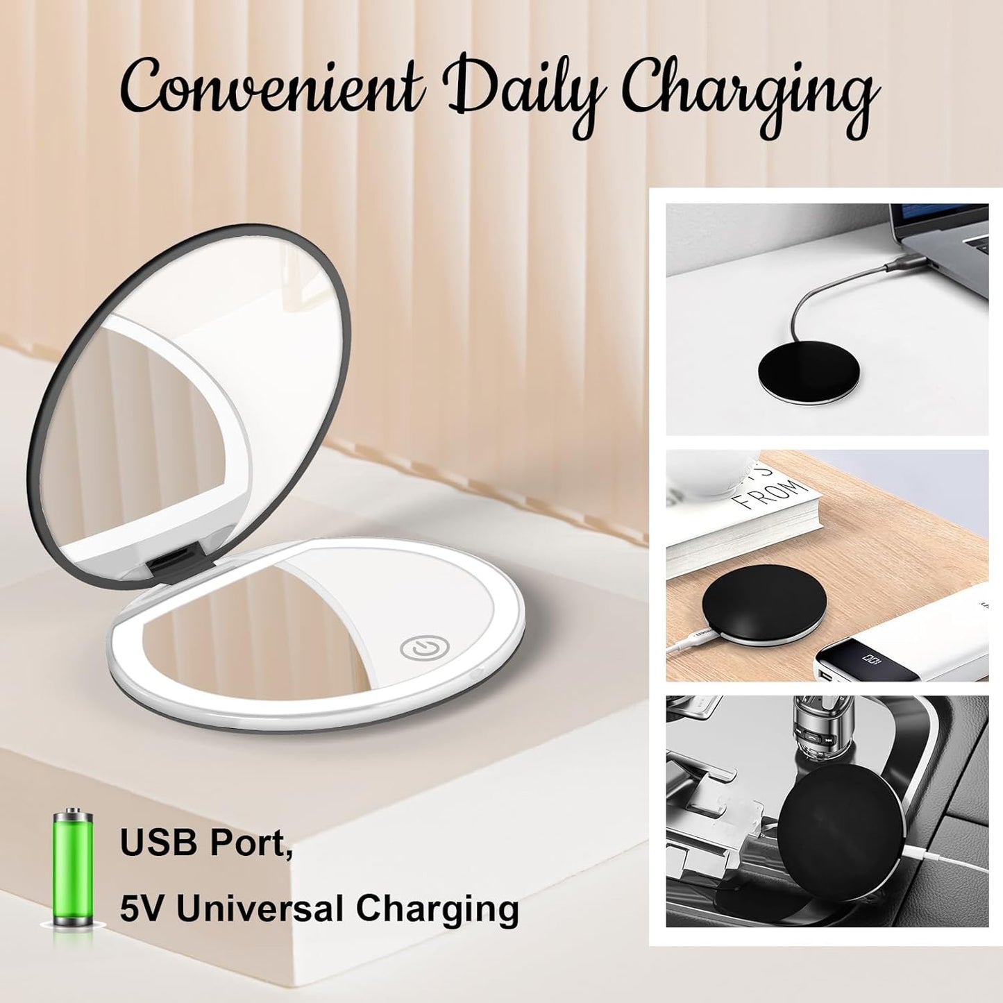 Compact Mirror with Light, 1X/3X Magnification LED Pocket Mirror with USB Data Cable,Mini Mirror for Purse, Pocket,Travel and Present (Black)