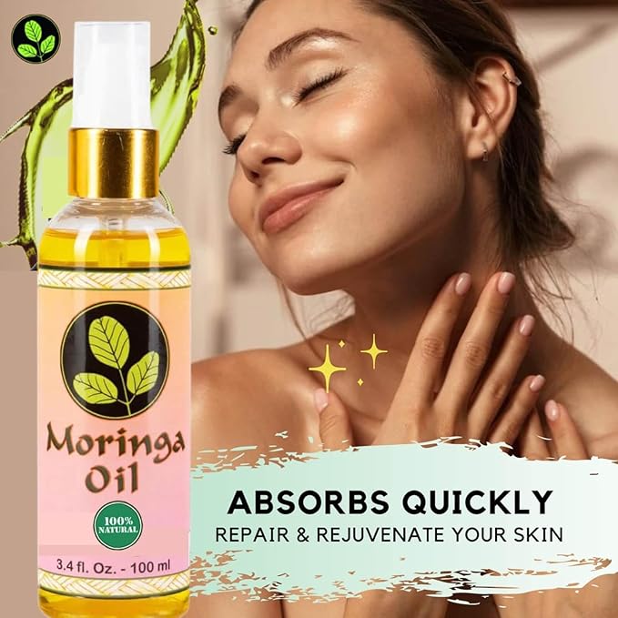 Moringa Oil 3.4 oz – Natural Face, Hair & Body Oil, 100% Pure, Cold-Pressed & Unrefined Moringa Seed Oil, Gluten-Free, Non-GMO, Vegan (100 ml)