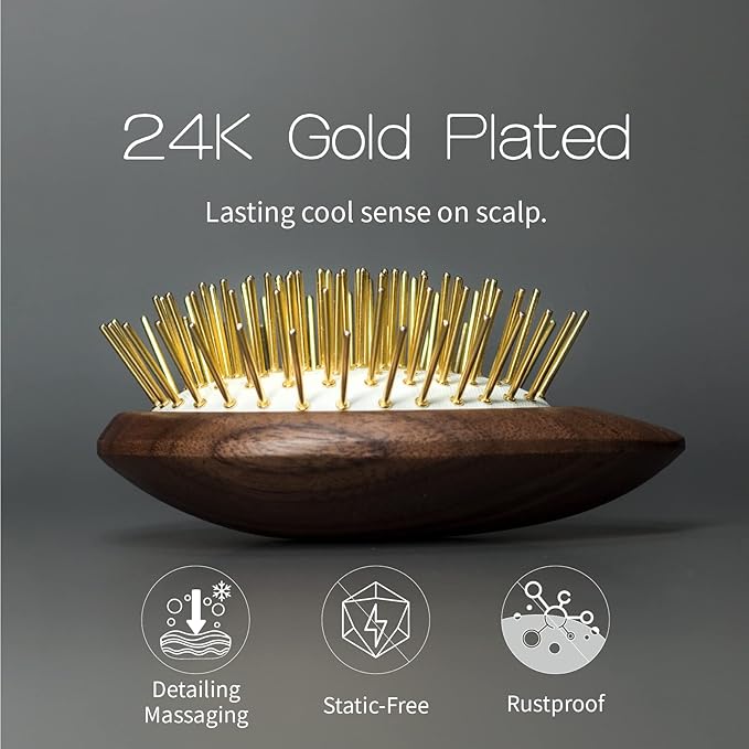 Uffy Acubrusher – 24K Gold-Plated Gua Sha Hair Brush - Ergonomic Scalp Massager for Dandruff & Hair Growth, Suitable for All Hair Types - Ideal Gift for Mom in Beech Wood