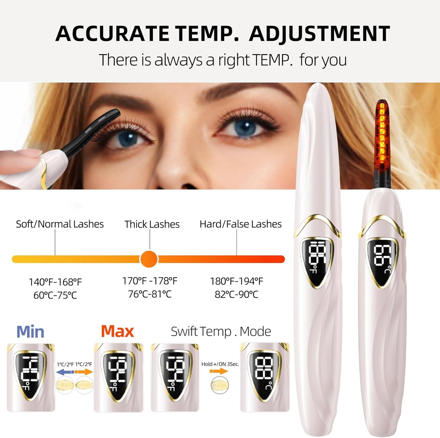 ZAPAL Heated Eyelash Curler, S600 Rechargeable Heated lash Curler, Intelligent Power Off Electric Eyelash Curler Heated Quickly 24 Hs Lasting Natural Makeup for Woman (Petal Pink/Gold, S600-148MM)