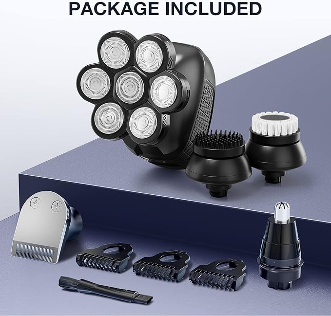 Head Shaver 7D, Wyklaus Head Shavers for Bald Men, Head Electric Razor with Nose Hair Trimmer, Waterproof Wet Dry Mens Grooming Kit, Anti-Pinch (Black)