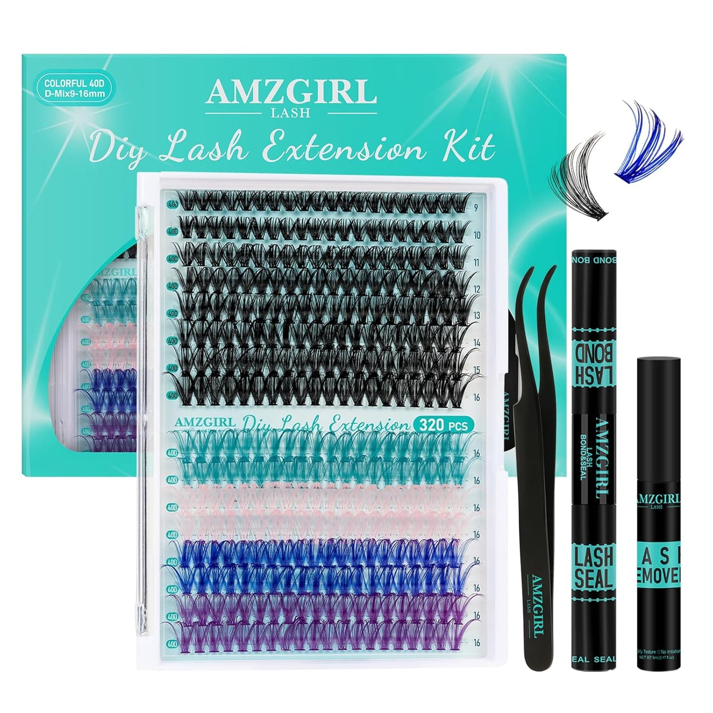 Lash Clusters Kit 320Pcs,40D Eyelash Extension Kit,Lash Bond and Seal Waterproof,Lash Remover for Colorful Individual Cluster Lashes Kit,Lash Applicator Tool for DIY Lash Extension Kit(D-Mix9-16mmKit)