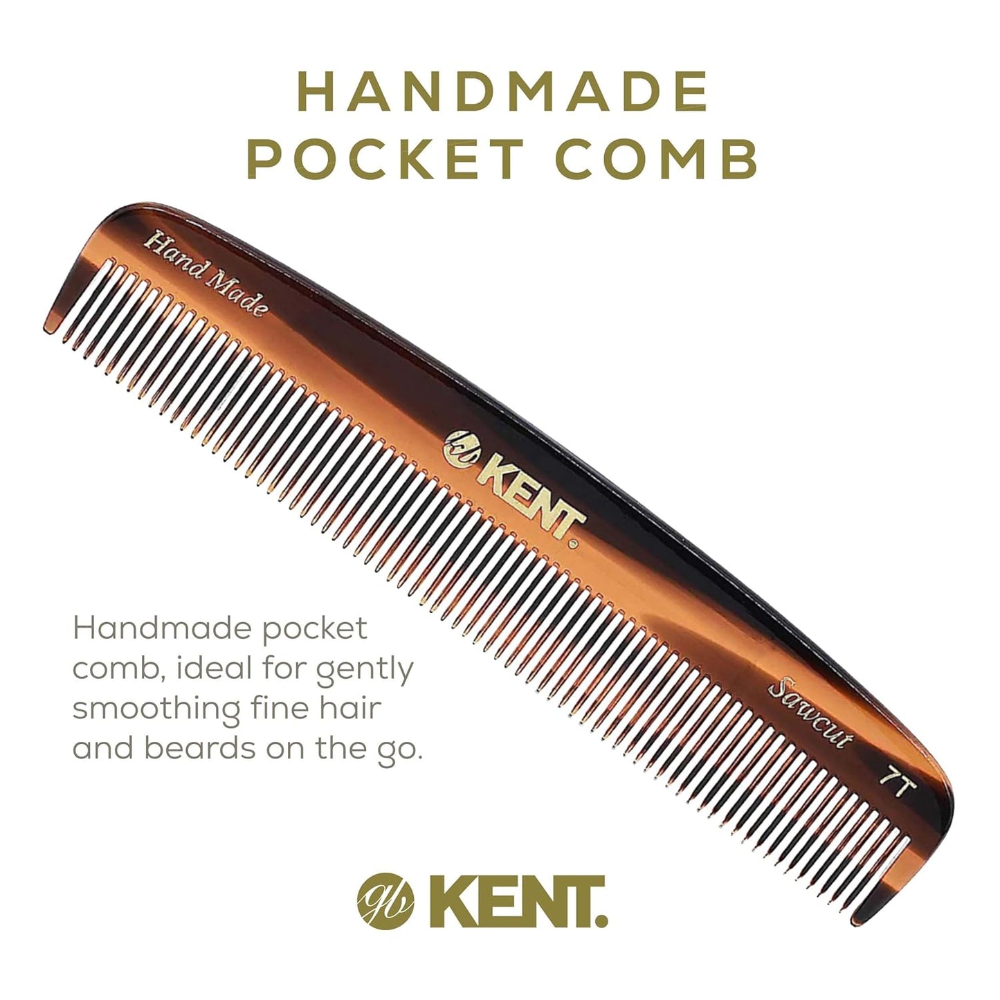 Kent 7T Handmade All Fine Tooth Pocket Comb for Men, Hair Comb Straightener for Everyday Grooming Styling Hair, Mustache and Beard, Use Dry or with Balms, Saw Cut and Hand Polished, Made in England