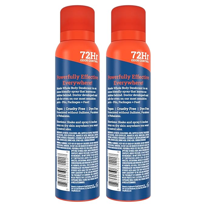Mando Whole Body Deodorant For Men - Invisible Spray Deodorant - 72 Hour Odor Control - Low Irritation Formula - Aluminum Free, Benzene Free - 3.6 ounce Cans (Pack of 2) - Pro Sport